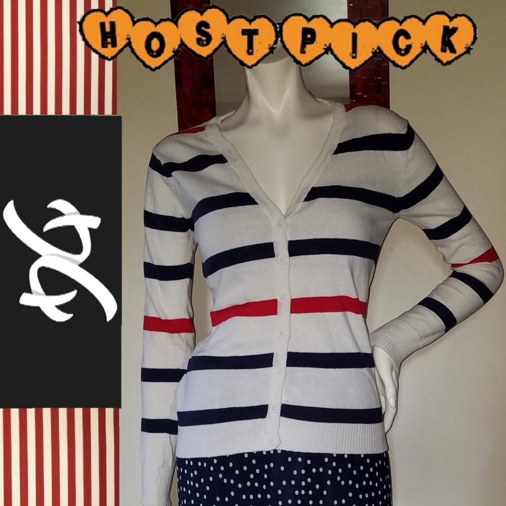 Red White Blue Patriotic 4th of July Striped Thin Soft Knit CHIC Cardigan Med
